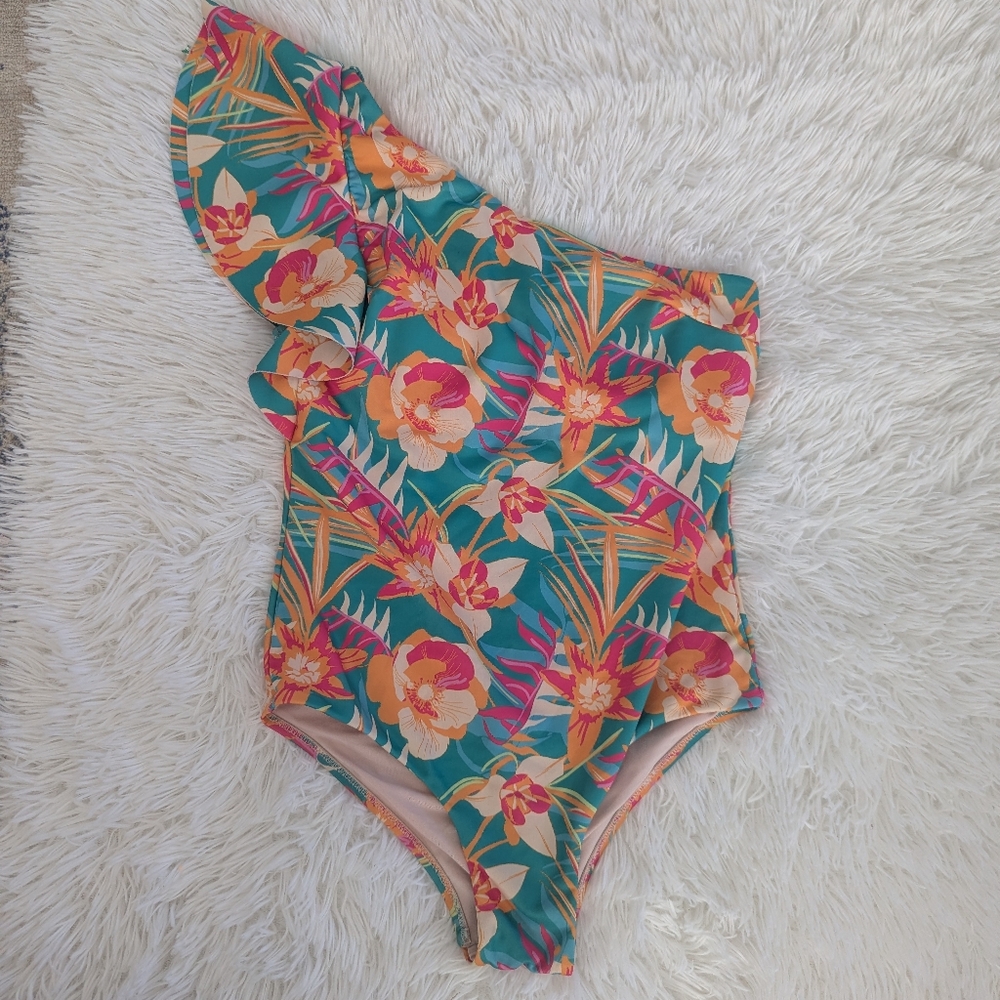 NEW Women's Maree Maree Swimsuit 6 One Shoulder Ruffle Orange Teal Pink